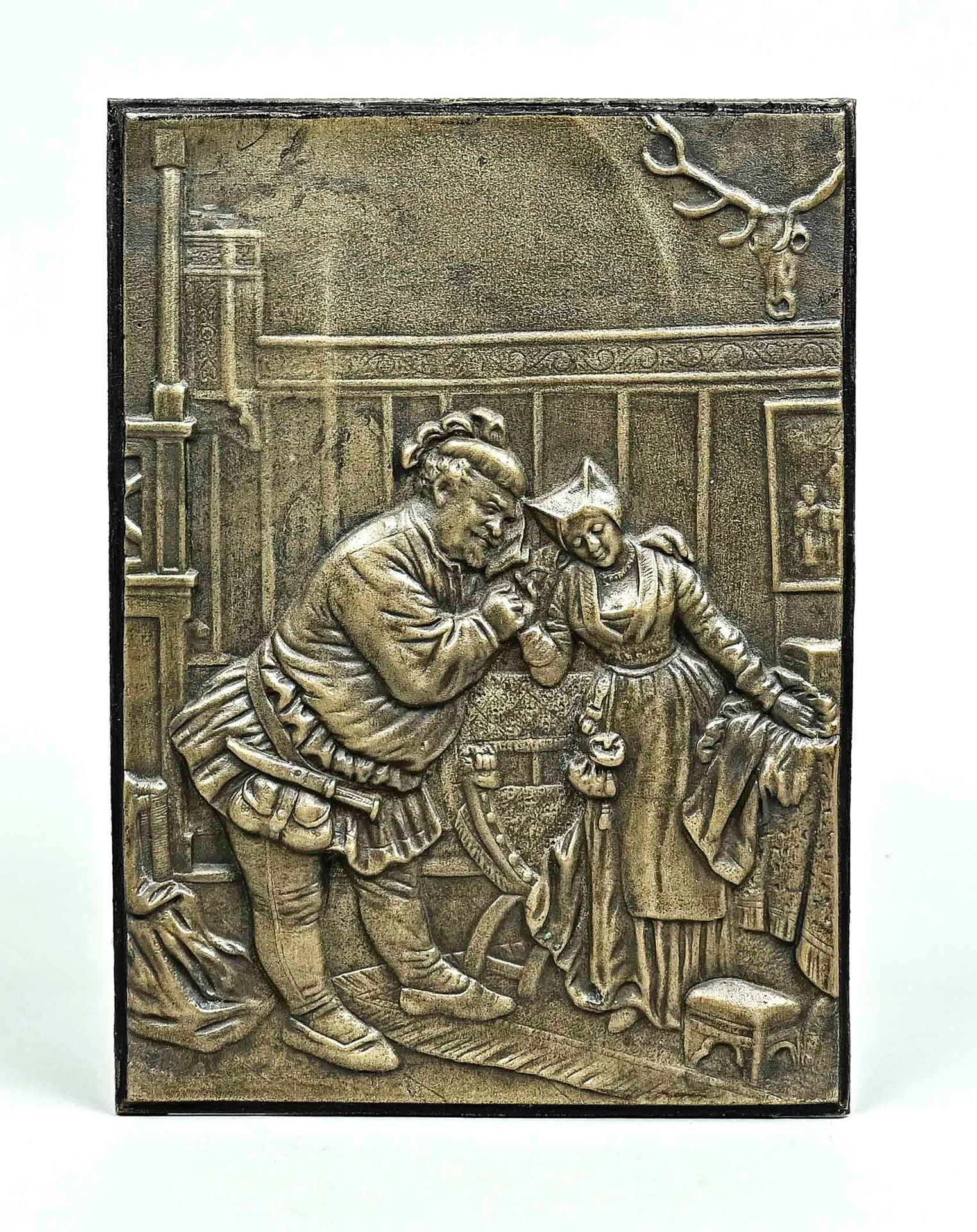 Null Bronzerelief, "Falstaff und sein Fräulein", Bronze 21 x 15