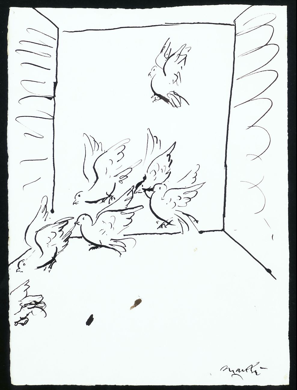 Null Giacomo Manzù China su carta 35x25,5 Dove in wind 1970