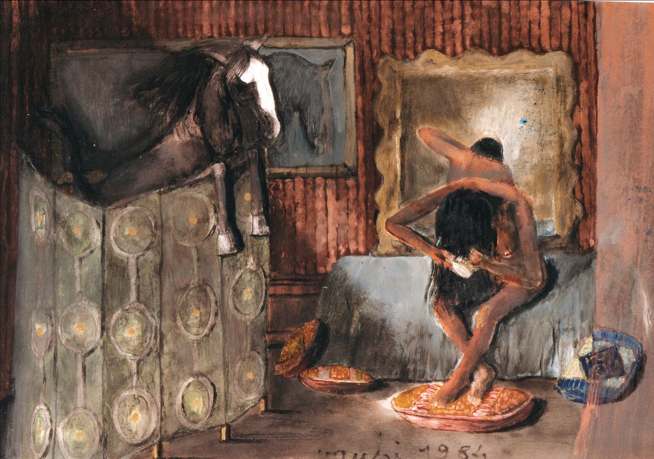 Null Sergio Vacchi Olio su carta 70x100 Donna e cavallo allo specchio