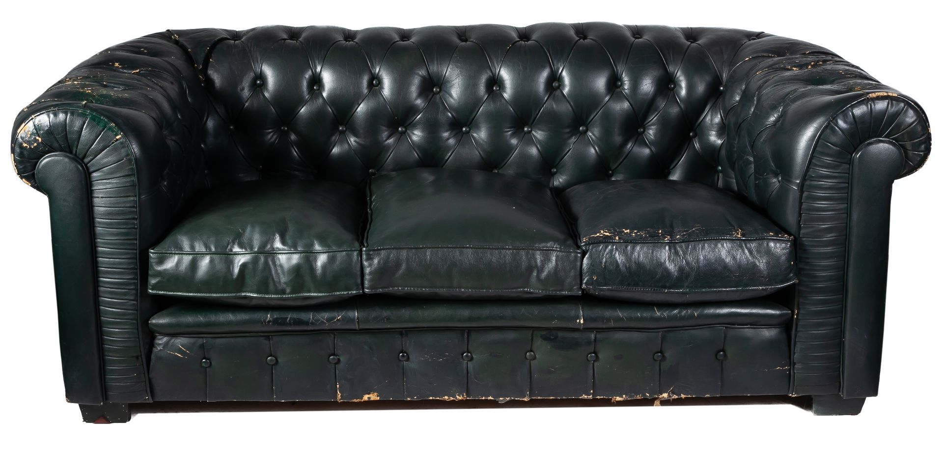 Null Chester-Sofa mit grüner Kunstlederpolsterung. Geringfügige Abnutzung und Ve&hellip;