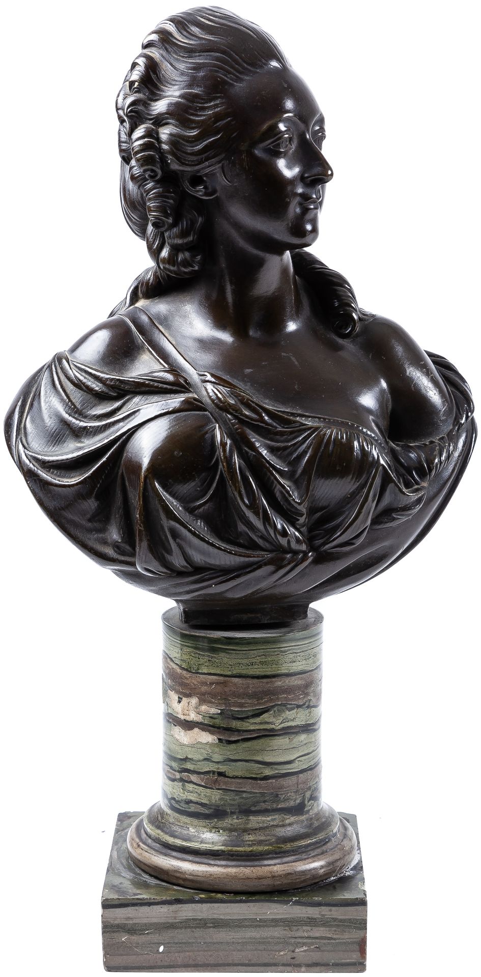 Null A patinated bronze bust of Madame Pompadour on a marble stand, 19th Century&hellip;