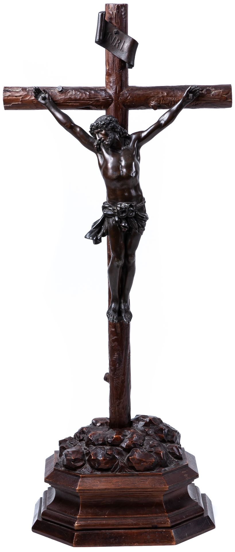 Null Italienische Christusfigur aus patinierter Bronze und geschnitztem Holz, En&hellip;