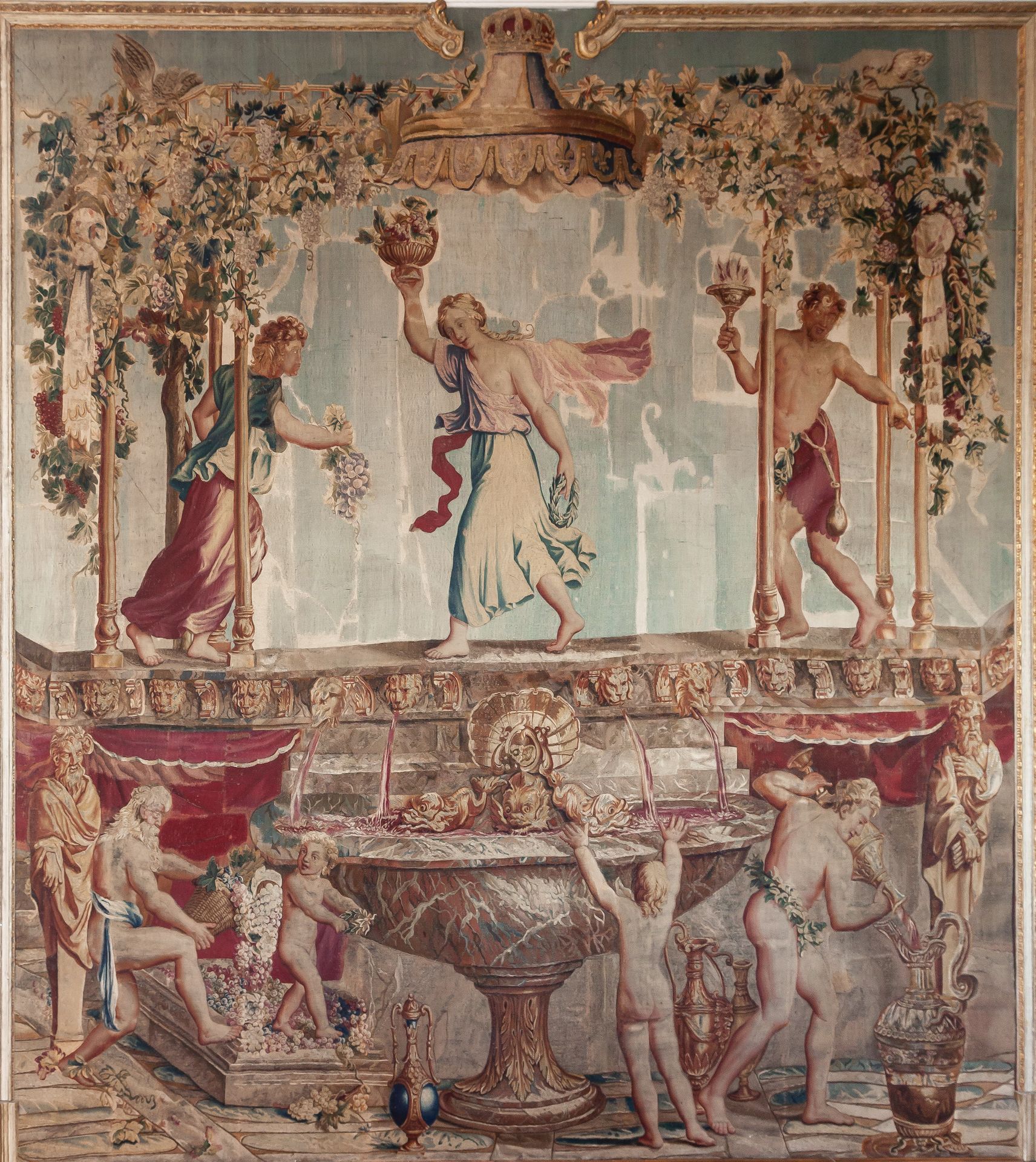 Null Tapisserie royale Louis XIV des Gobelins en soie et laine "Fontaine de vin"&hellip;