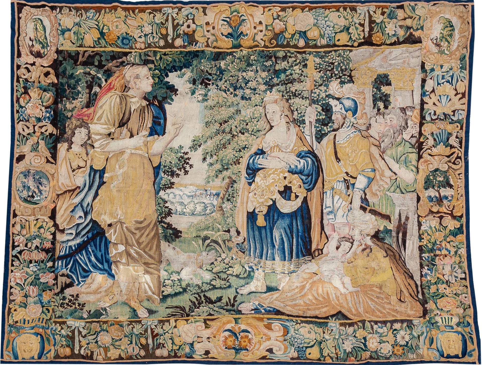 Null 一幅弗拉芒历史挂毯，17世纪。边框装饰有卡图、动物、水果和花朵。

256 x 194 厘米

6.000 - 8.000 €