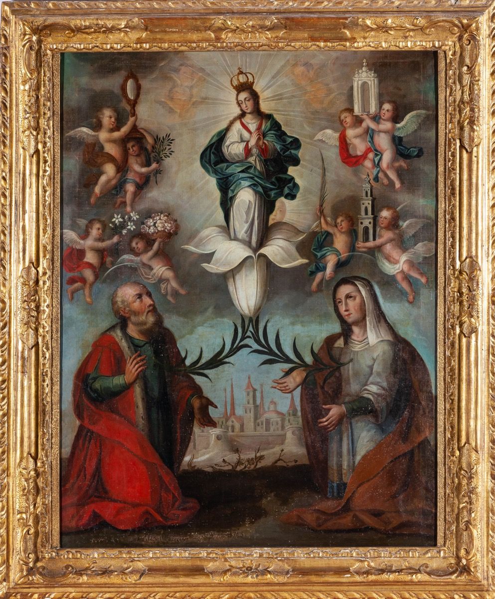 Null 米格尔-梅尔科-德-埃雷拉神父（特内里费岛圣克里斯托瓦尔-拉古纳，1696-墨西哥，1765）。
"无暇受孕与圣约阿希姆和圣安妮"。
布面油画
签名并&hellip;