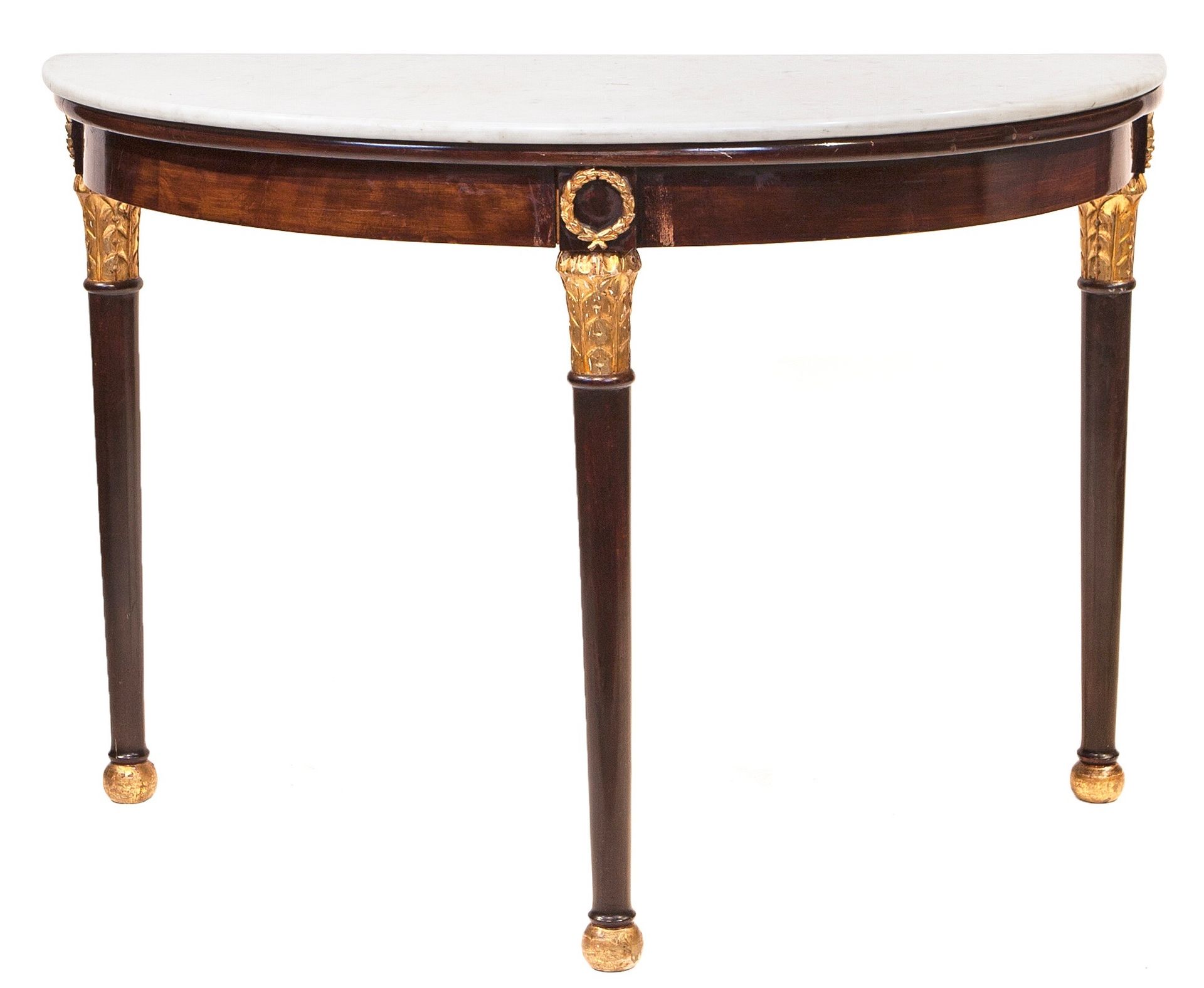 Null An Empire style marble topped partially gilded mahogany demi-lune console t&hellip;