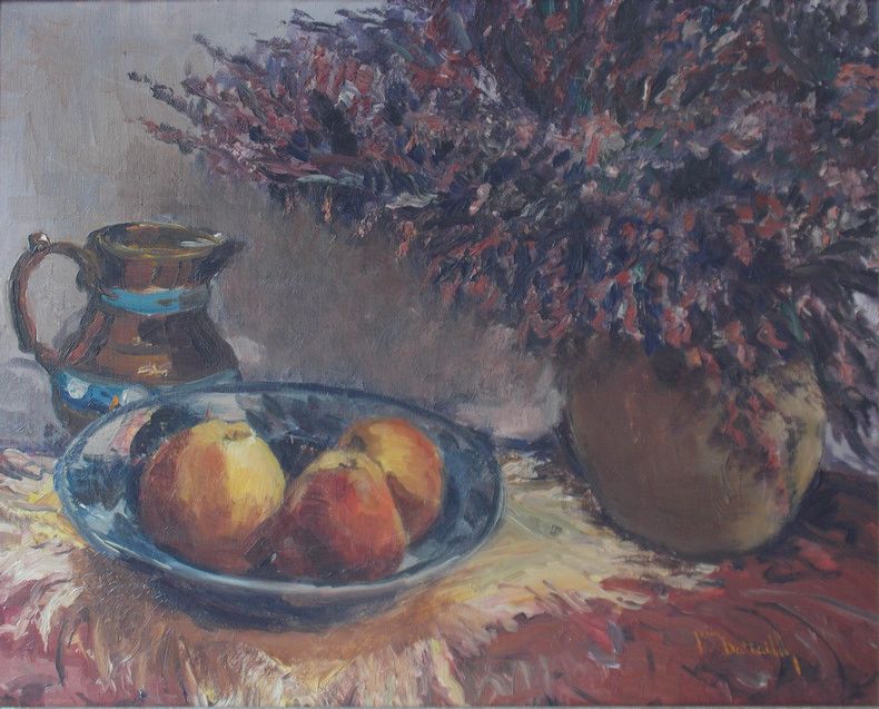 Null Natur mit Früchten und Vase mit Blumen. Toile, 50 x 64.