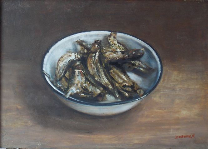 Null Still life of fish in a plate. Panel, 25 x 34.