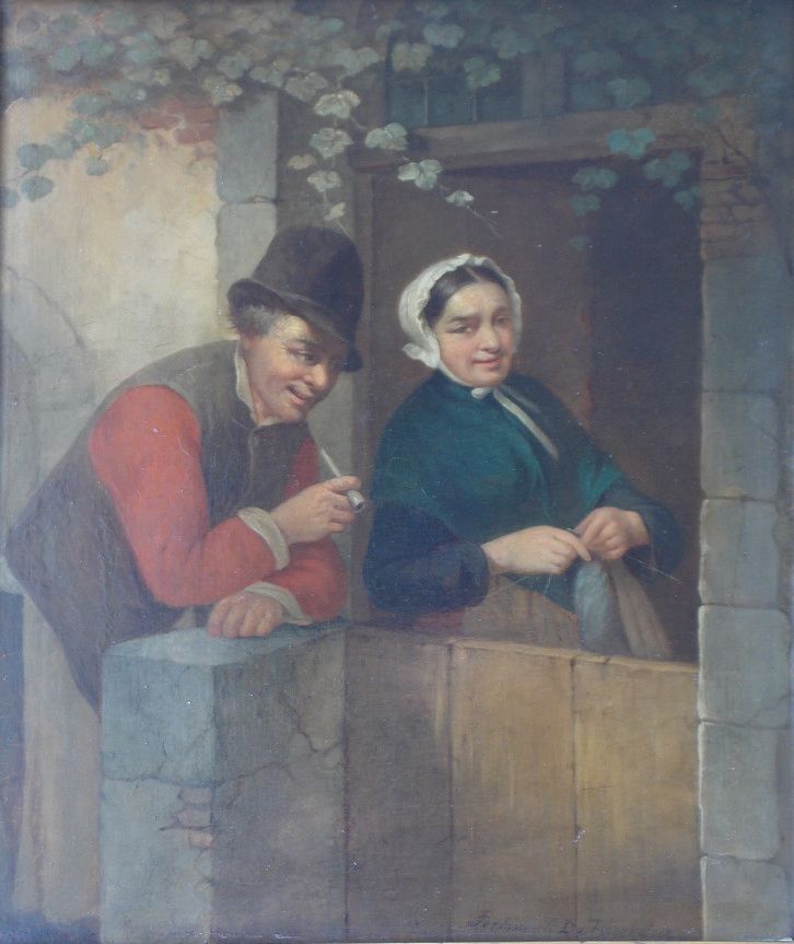 Null Homme avec pipe et dame qui tricote dans l'entrée. Panneau, 37 x 32.

Pl. V