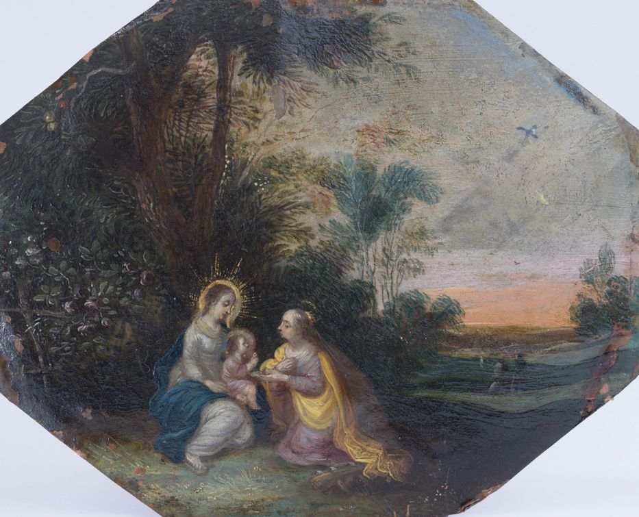 Null 圣凯瑟琳和圣马德莱娜的神秘婚姻。八角形铜板画，13 x 16。