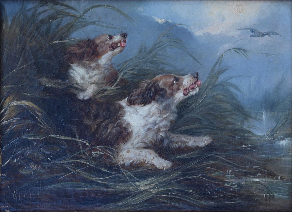 Null Two hunting dogs. Canvas, 25 x 32.