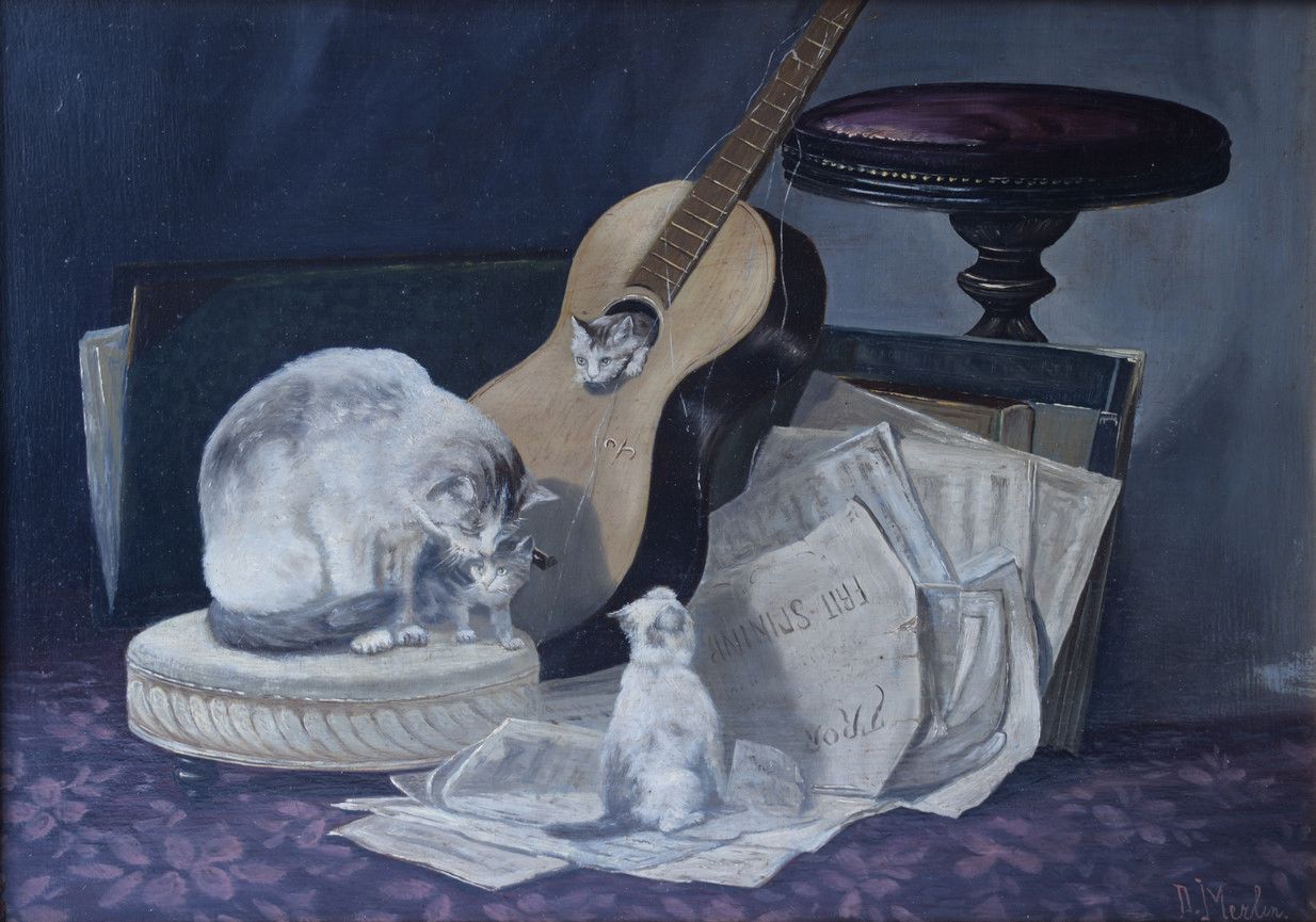 Null Chattes jouant avec guitare et partitions. Panneau, 30 x 43.