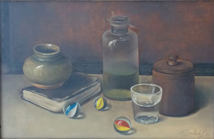 Null Still life with book, bottle and marbles. '80. Panel, 19 x 29.