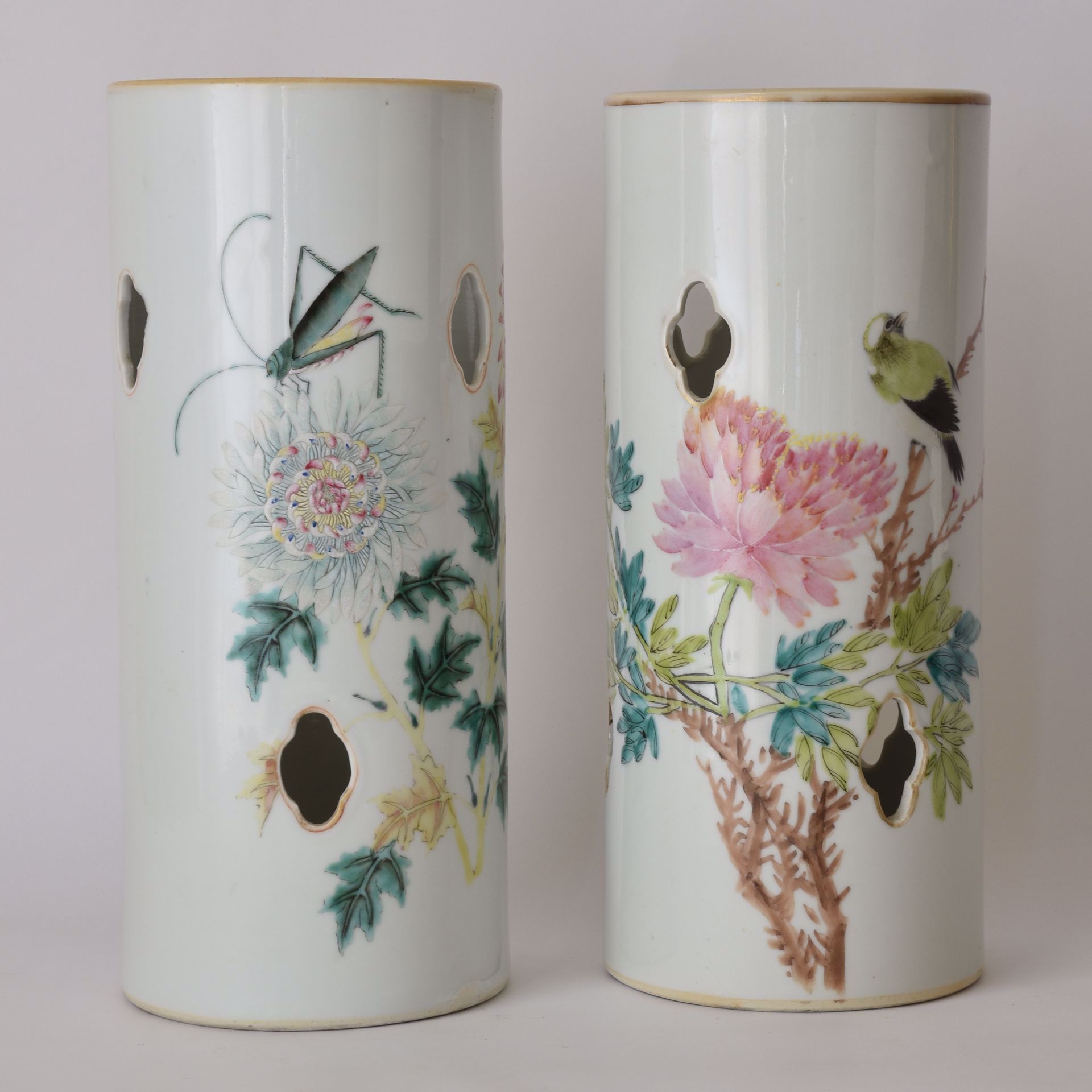 PAIR OF CILINDRICAL VASES with decoration of insects and flowering branches. Chi&hellip;