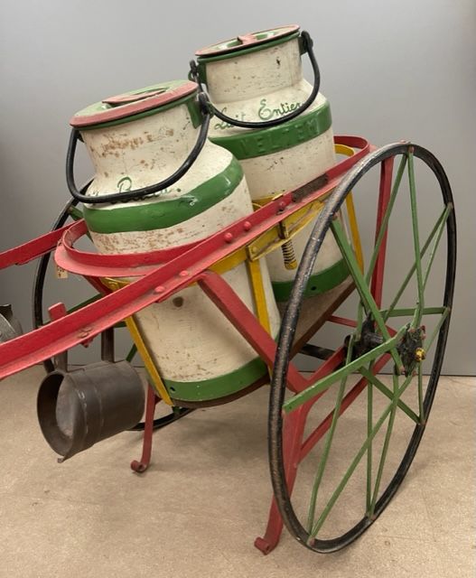 Antique Vintage milk cart and 2 milk jugs and cups liters and half liters. Renta&hellip;