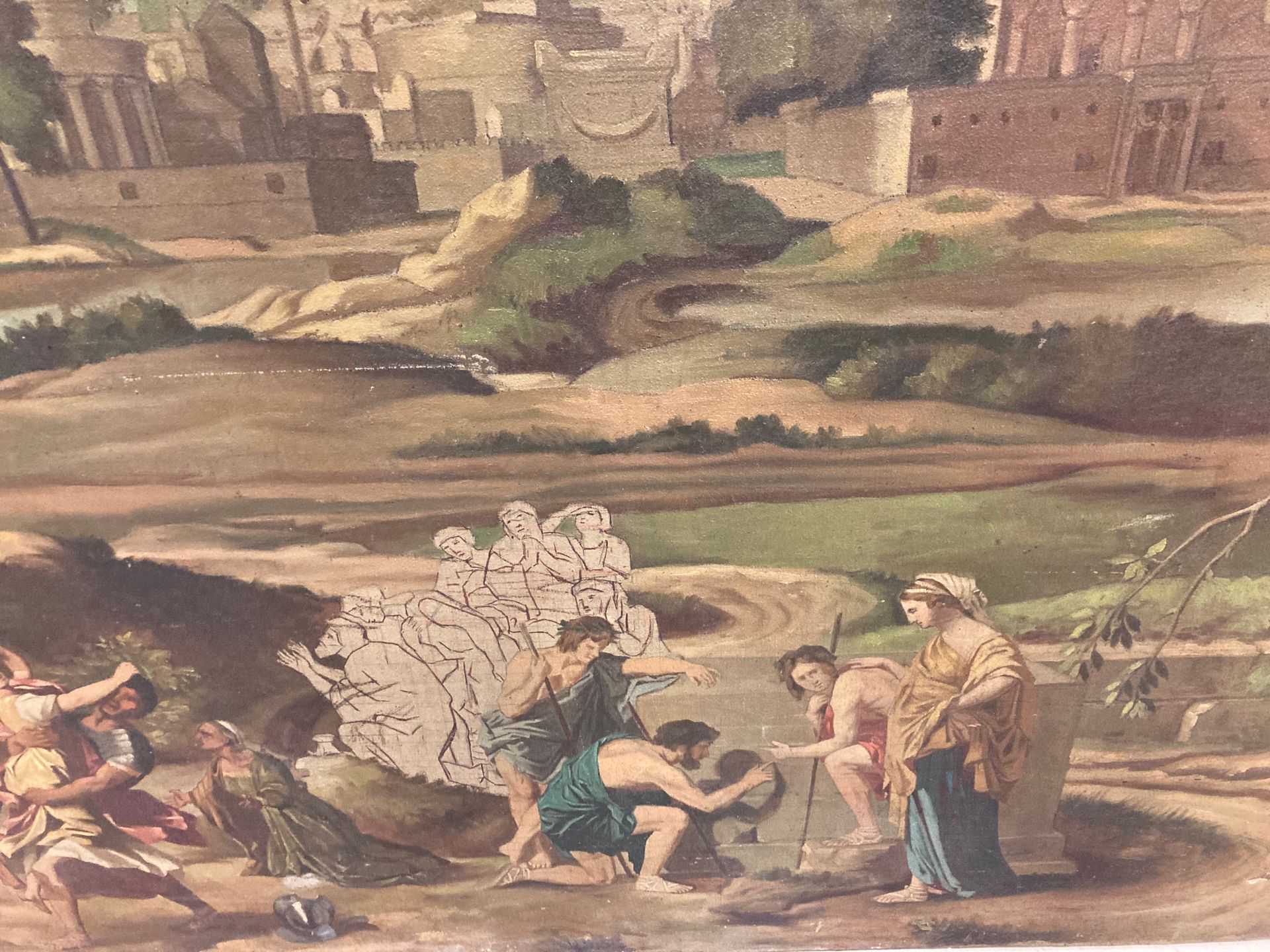 Null 法国学校。20世纪。在尼古拉-普桑（1594-1665）之后

阿卡迪亚的牧羊人

布面油画。带有草图的部件

(事故)

121x158厘米