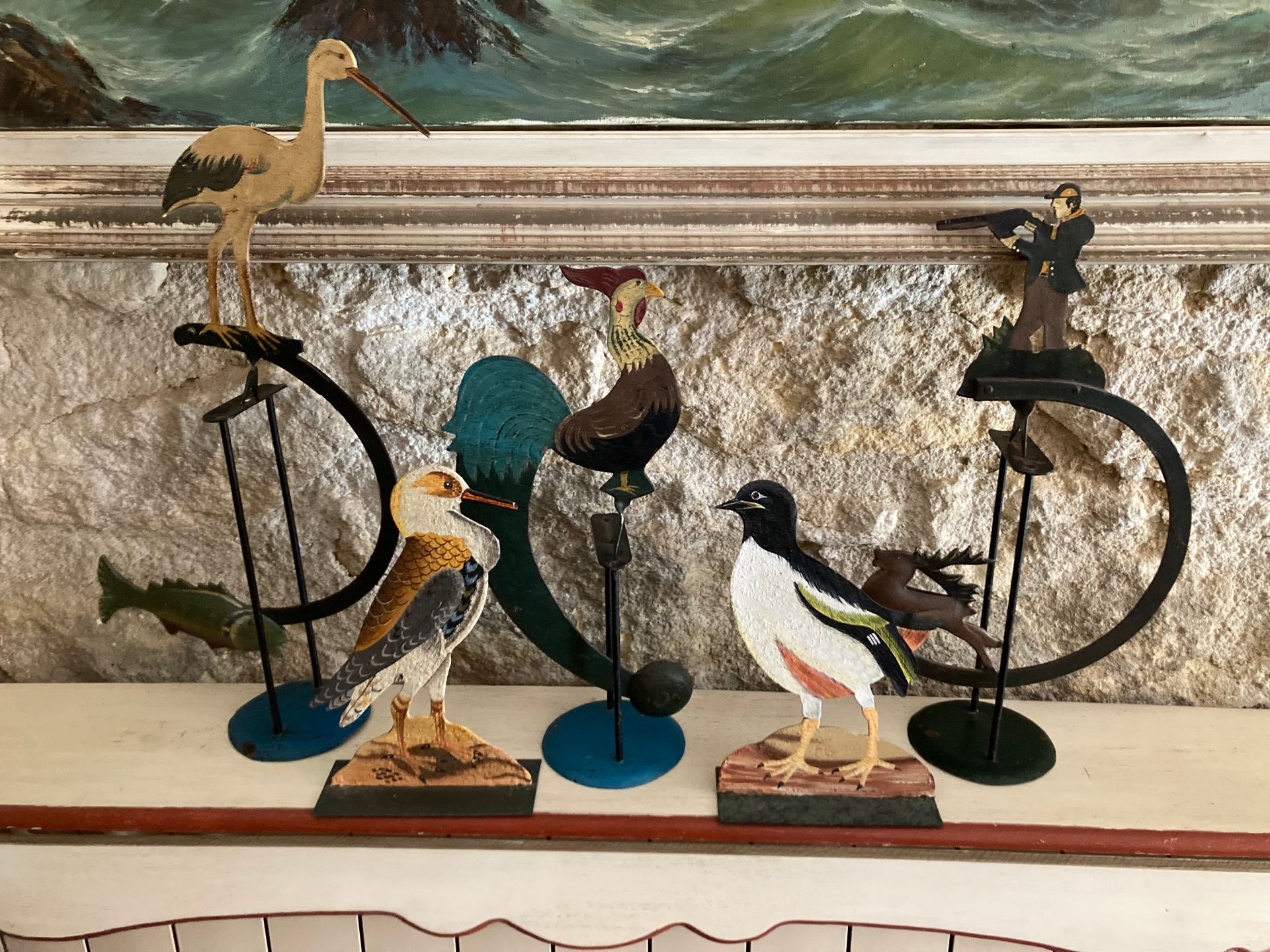 Null Set of three polychrome-painted metal mobiles featuring a rooster, a stork &hellip;