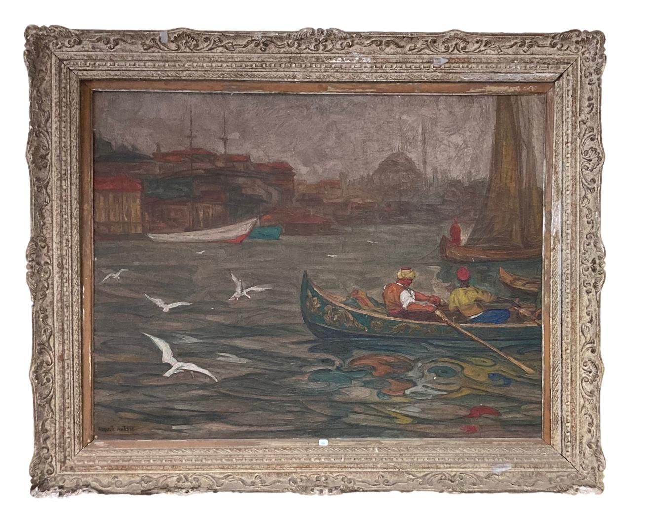 Null 奥古斯特-马蒂斯（1866-1931）
伊斯坦布尔景色--以圣索菲亚为背景的船只和渔民
帆布油画，粘贴在画板上。左下方有签名
小姐
89x112 厘米