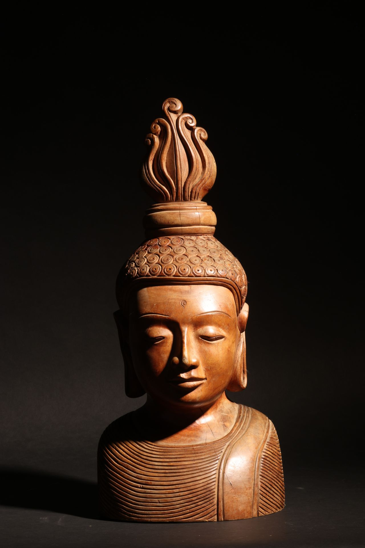 Burmese or Thai, Antique Carved Wooden Buddhaâ€™s Head with Flame of Enlightenme&hellip;