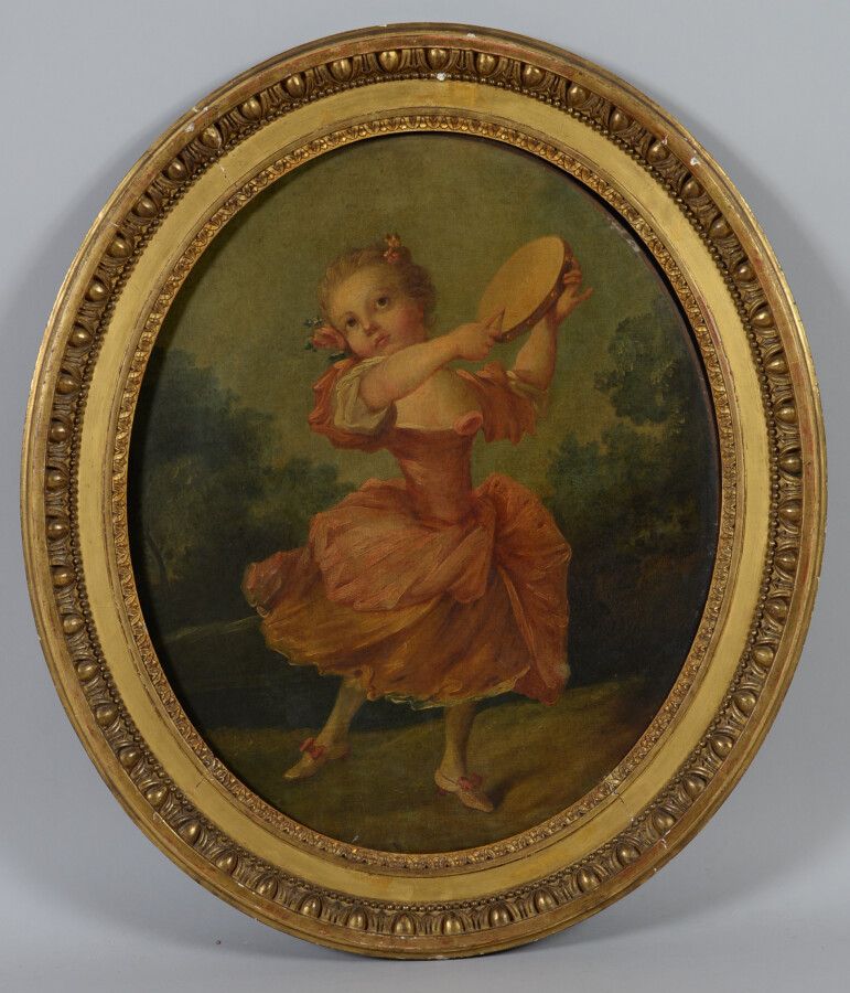 Null 继让-巴蒂斯特-胡埃之后的19世纪法国学校

拿着手鼓的年轻女孩

戴着花冠的小男孩

两个椭圆形的布面油画。

65 x 53 厘米

出处：背面的&hellip;