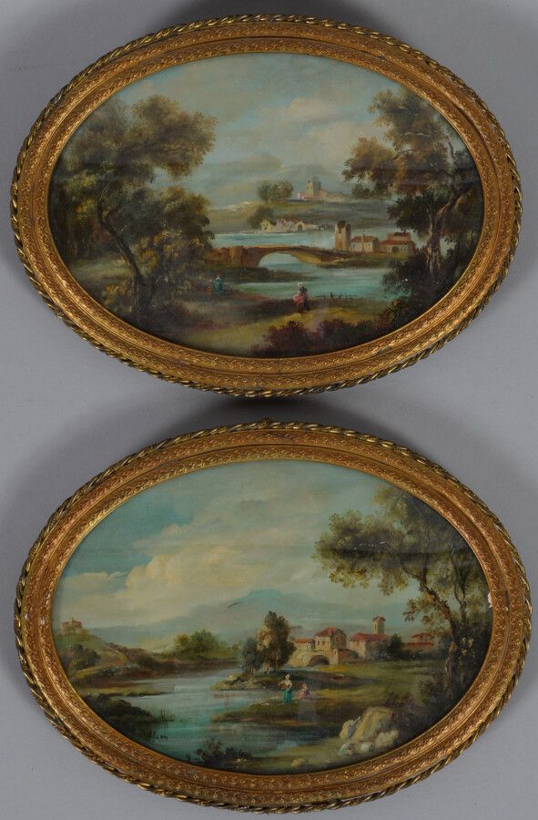 Null 威尔逊（19世纪英国学派

动画景观

椭圆形面板上的两幅油画，其中一幅左下方有签名。

12 x 17 cm