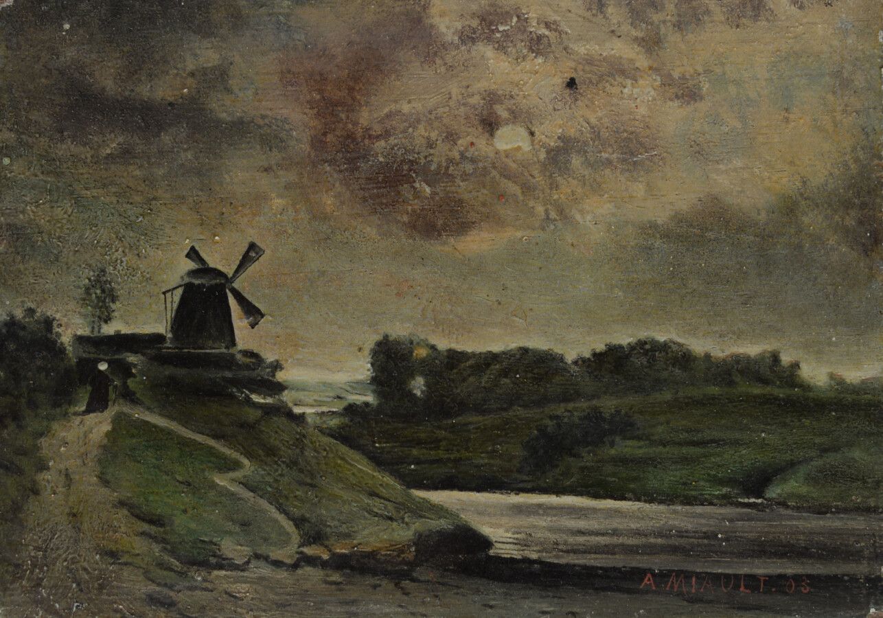 Null A.米亚特（十九至二十世纪

景观与磨坊

油画，右下方有签名，日期为 "03"。

12.5 x 17.5厘米

无框架