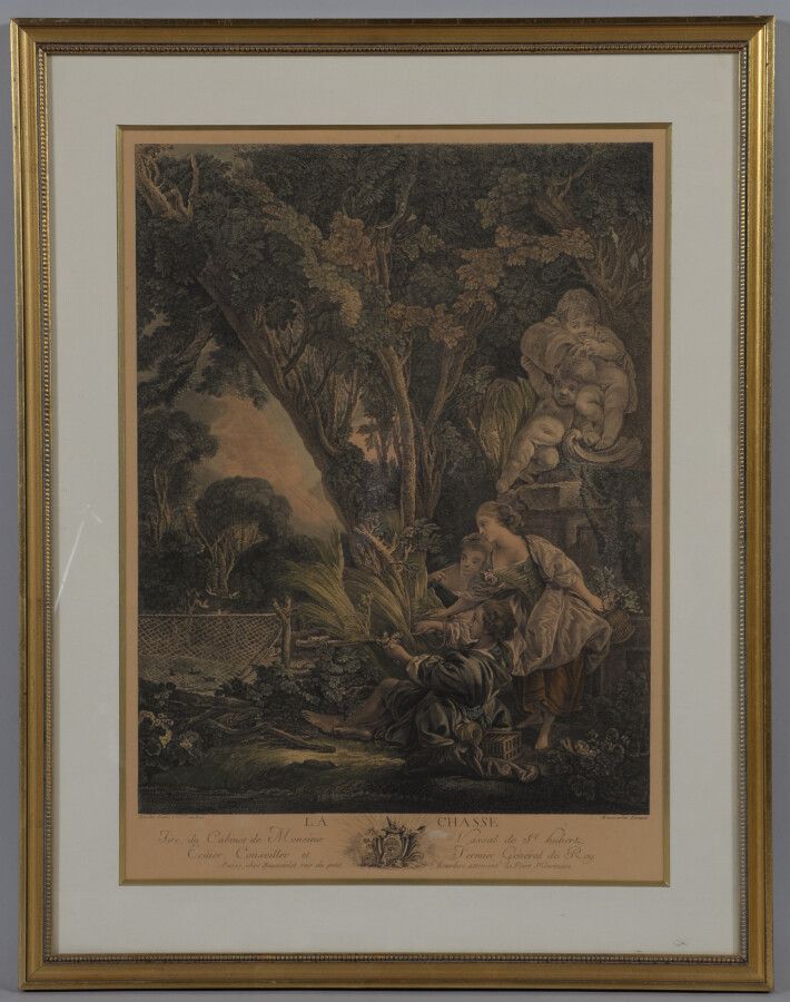 Null Quatre gravures en couleurs :

- Le Contrat. D'après Fragonard. 40 x 47 cm
&hellip;