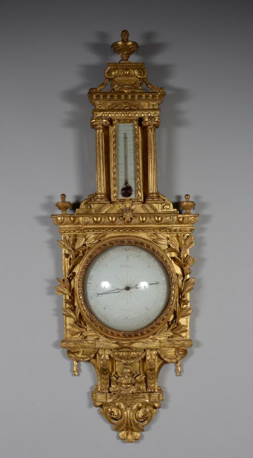 Null Rare barometer thermometer in gilded carved wood, the dial surrounded by la&hellip;