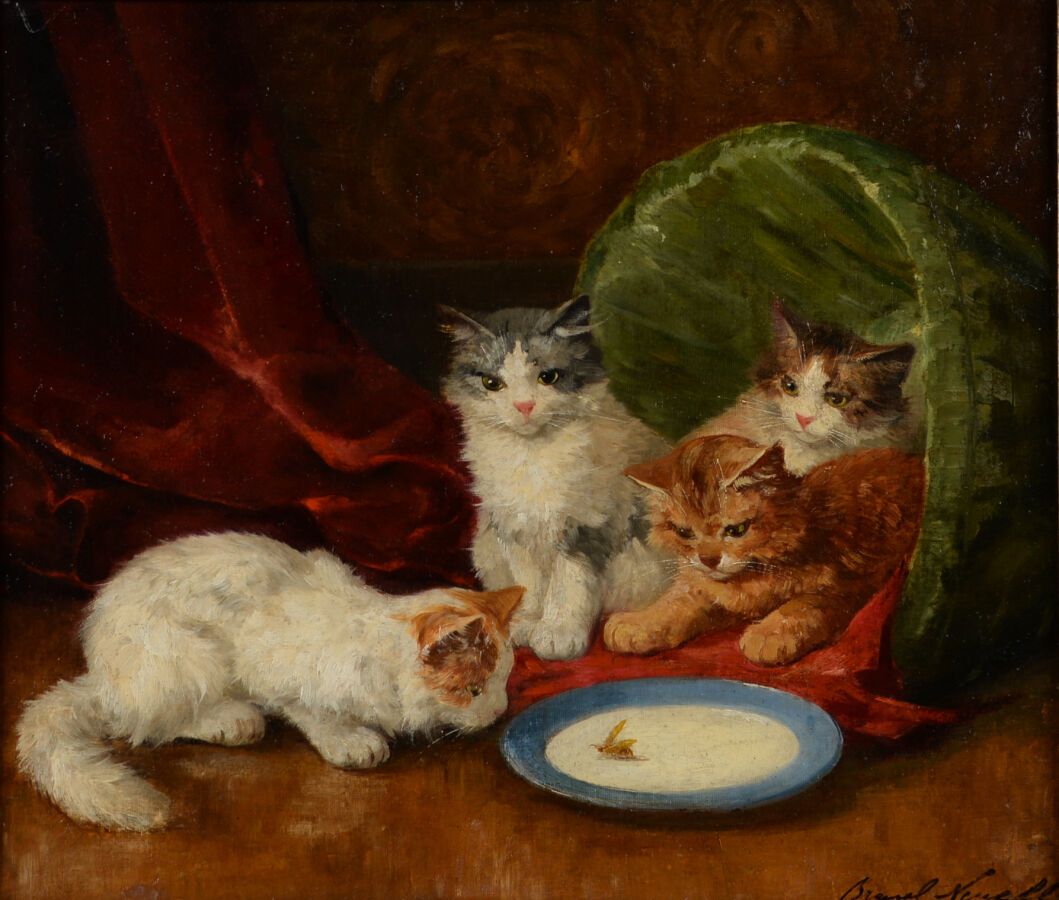 Alfred Arthur BRUNEL DE NEUVILLE (1852 1941) 
Quatre chatons devant une soucoupe&hellip;