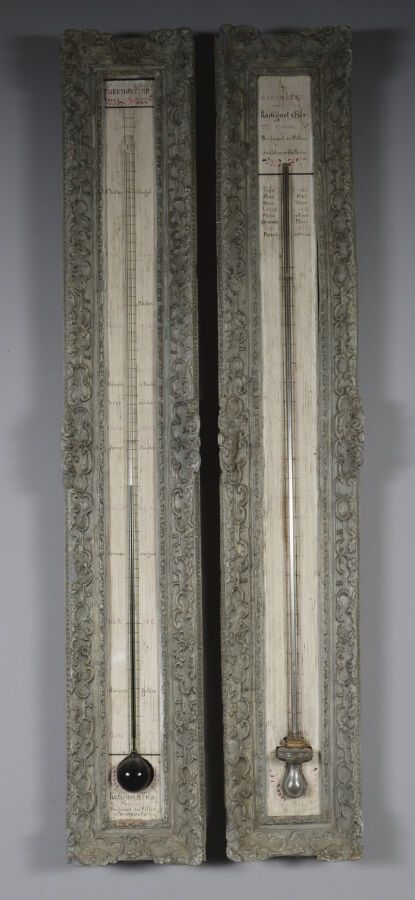 Null 灰色漆面雕花木框架的气压计和温度计，带有其玻璃和水银装置，署名Radiguet & Fils。

18世纪

高度115 - 宽度19厘米