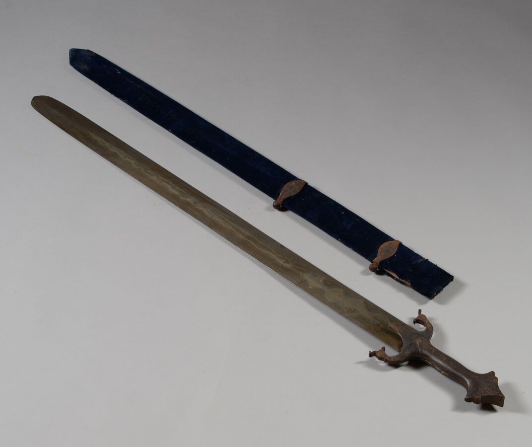 Null Indo-Persian sword and its scabbard in blue velvet, the straight steel blad&hellip;