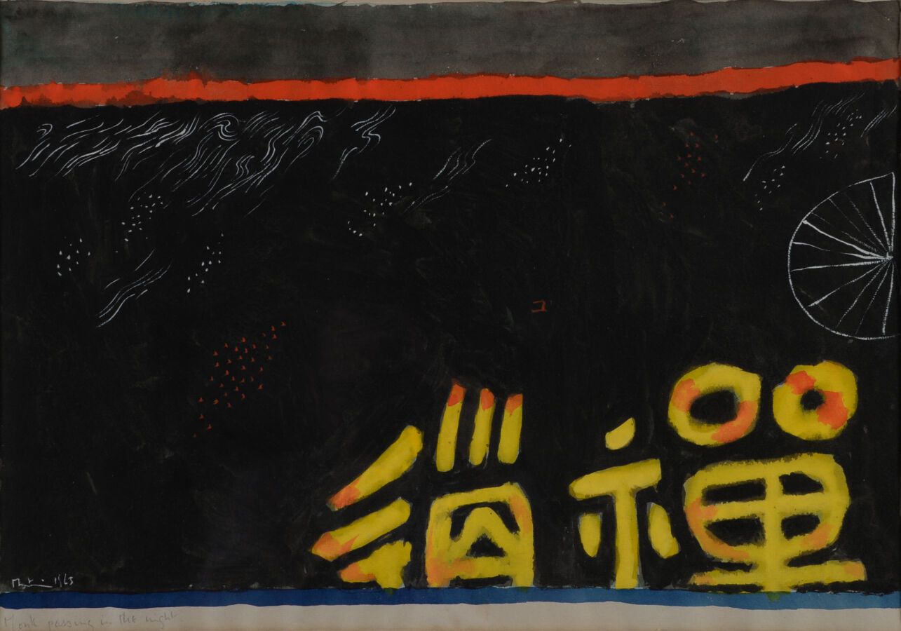 Null 马丁-布拉德利（生于1931年）

"夜里经过的和尚"，1965年

纸上水粉水彩画，签名，日期为 "1965"，左下方有标题。

38 x 55厘米