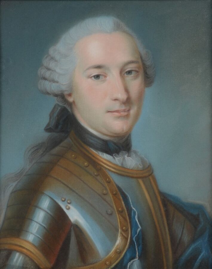 Null 18世纪法国学校
戴珍珠项链的女人画像
穿着护身衣的男子肖像
两幅纸上粉彩画，装在画布上。
45 x 37厘米