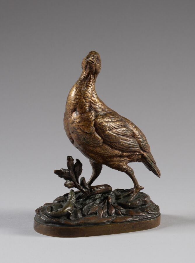 Null Paul Edouard DELABRIERRE (1829-1912)
鹧鸪和蜥蜴 
青铜，有棕色和青铜色的铜锈，在平台上签名。
高20.5厘米