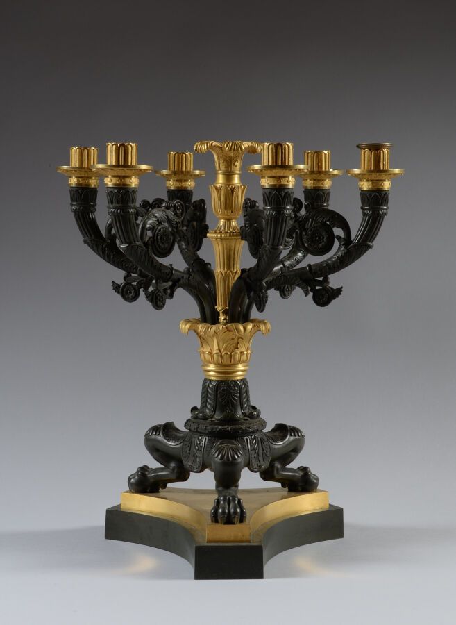 Null Chased bronze candelabra with a double black and gilded patina, the gilded &hellip;