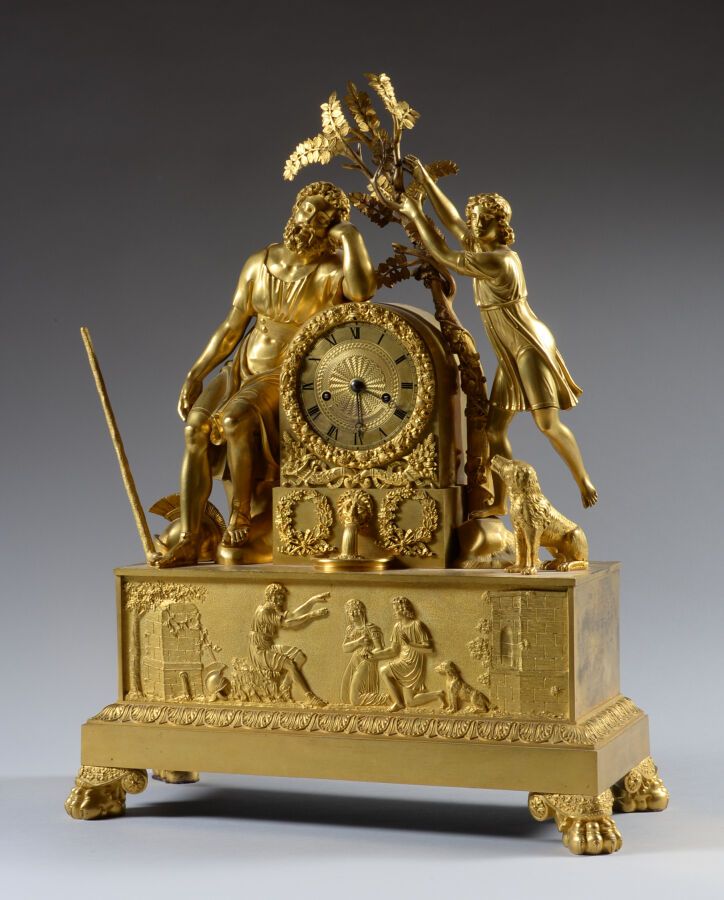 Null Pendule en bronze ciselé et doré figurant un soldat romain endormi sous un &hellip;