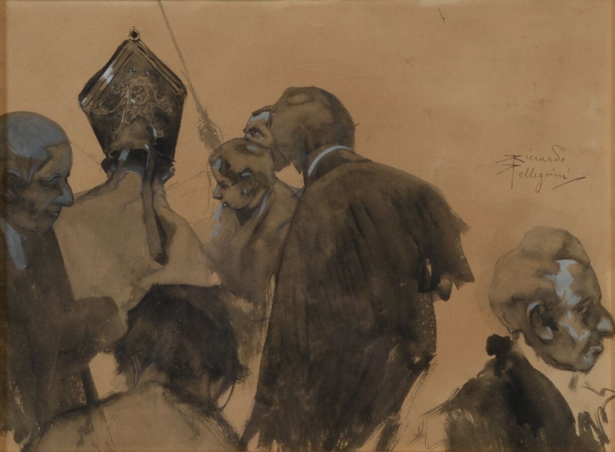 Null 里卡多-佩利格里尼（1869-1934）
人群中的主教
纸上铅笔、墨水和水粉高光，右中署名。
26.5 x 36 厘米
轻微污渍
