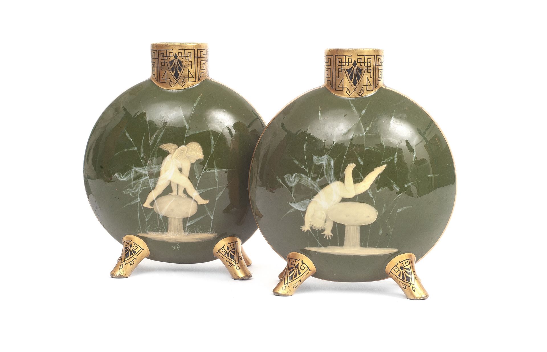A PAIR OF PATE SUR PATE MOON VASES BY HENRY SAUNDERS FOR MOORE BROTHERS, CIRCA 1&hellip;