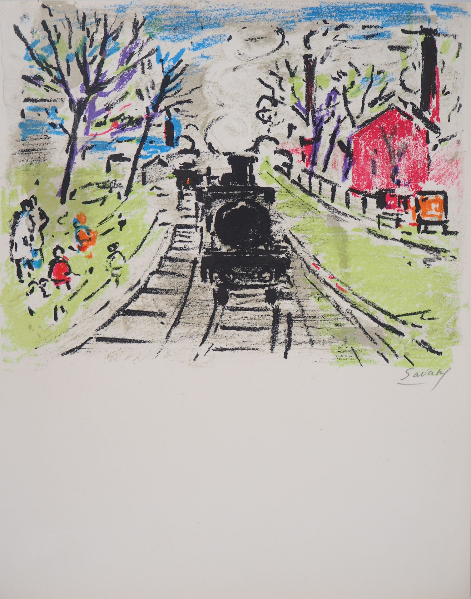 Robert SAVARY 罗伯特-萨瓦里

郊区的小火车，1969年

原始石版画（Mourlot工作室）。

右下方有铅笔签名

在Arches牛皮纸上

&hellip;