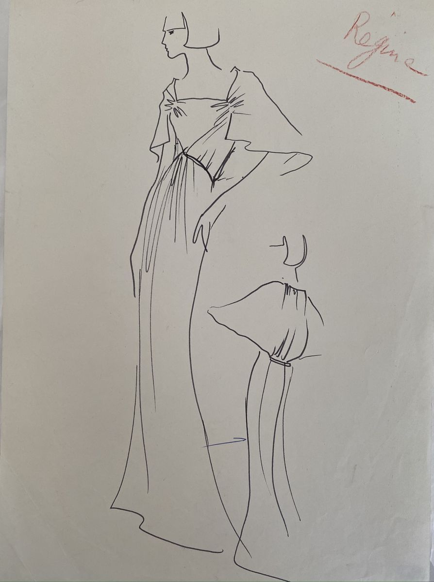 Karl Lagerdfeld 卡尔-拉格菲尔德为雷金绘制的原始草图

纸上水墨

在Chloé的家里

60/70年代

红色注解：Régine

尺寸：21&hellip;