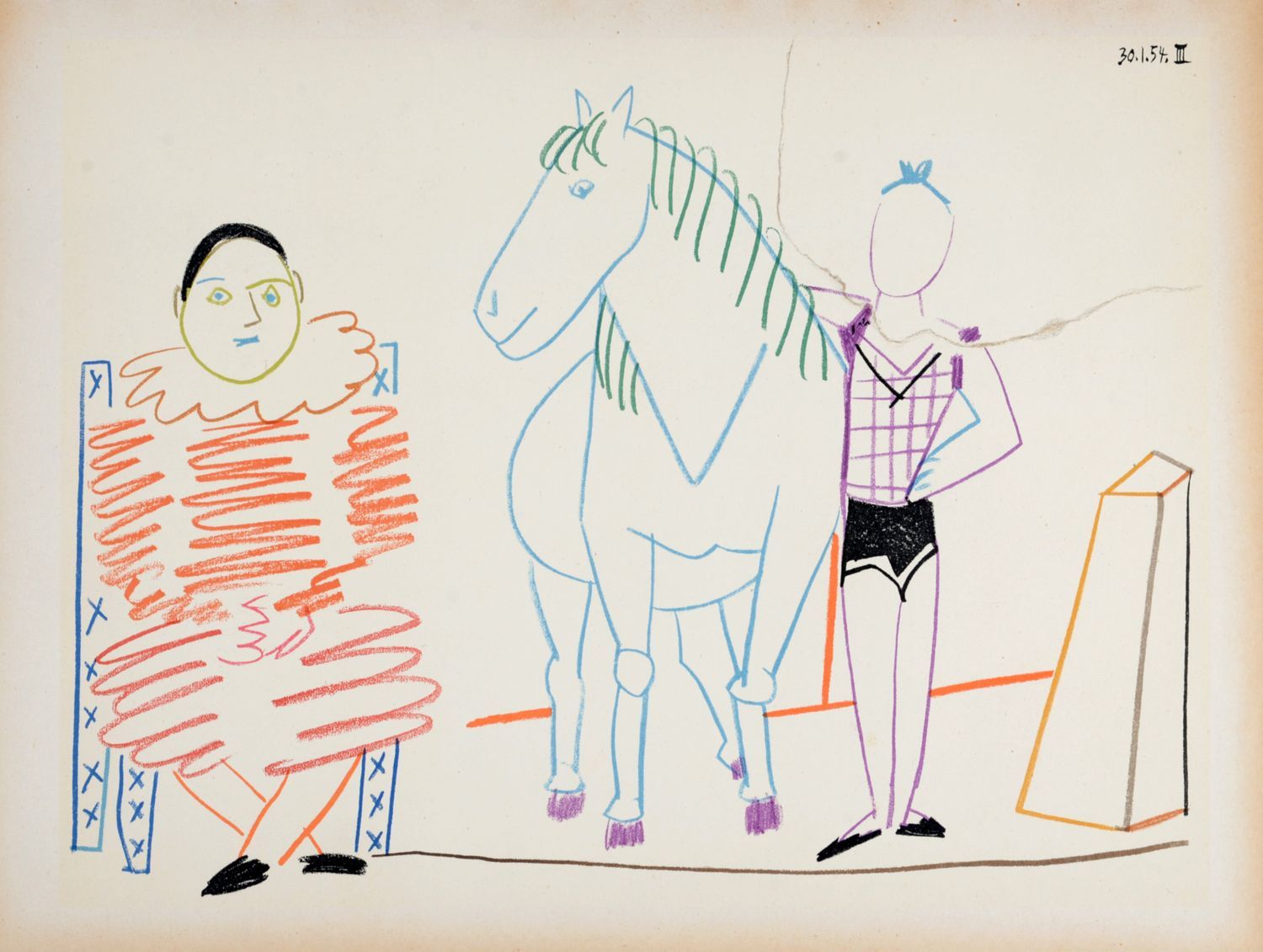Pablo PICASSO 巴勃罗-毕加索

小丑和马戏团骑手, 1954

平版印刷在毛边纸上 版本大小：2000 版面右上角注明日期

尺寸：+纸张尺寸：2&hellip;