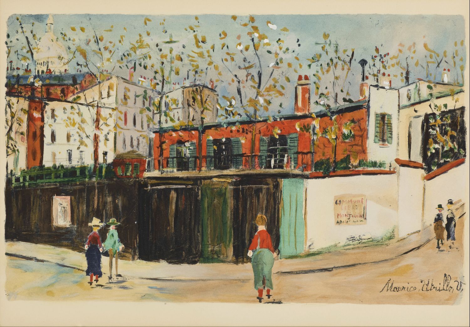Maurice Utrillo 莫里斯-尤里洛（后）(1883-1955)

 蒙马特的自由公社，1959年

石版画/彩色铅笔，Arches纸。右下角的盘子里&hellip;
