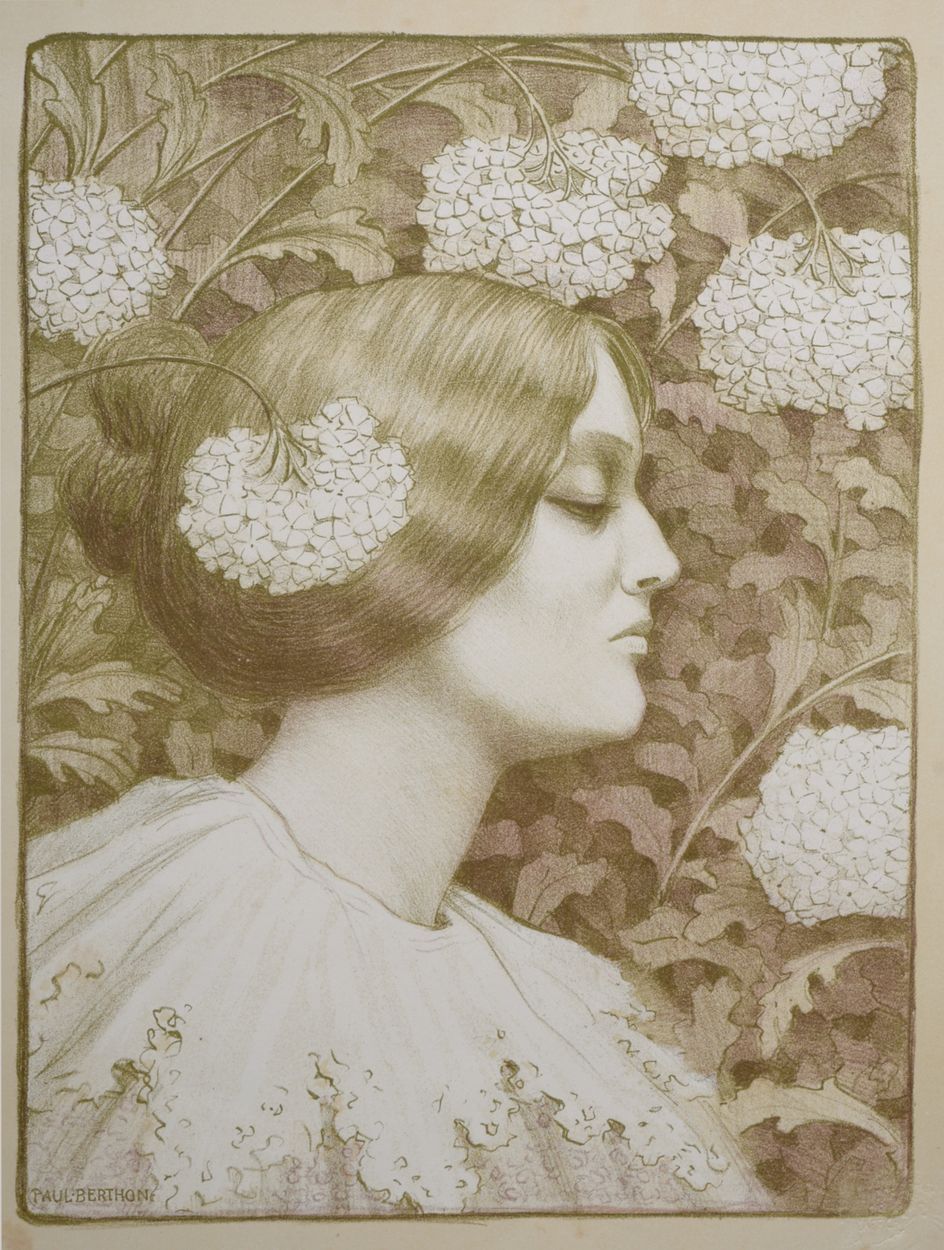 Paul Berthon 保罗-伯通（1872-1934）

带花的年轻女子，1899年

纬线纸上的石版画。在版画左下角有签名。右下角有Les Maîtres&hellip;