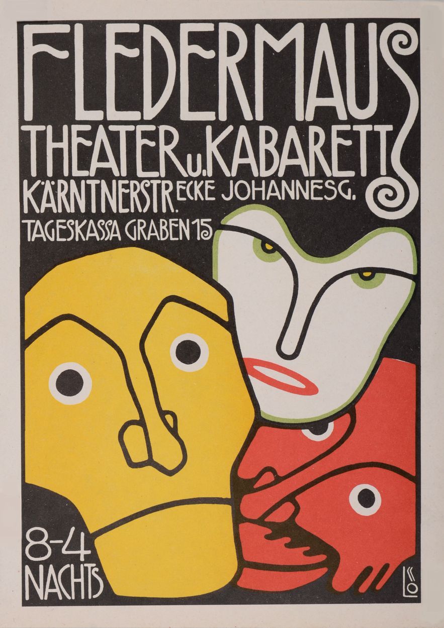 Bertold Löffler 伯托尔德-洛夫勒(1874-1960)

三个面具》，Fledermaus剧院和歌舞厅，1907年

纸上石印海报原件

版面右&hellip;