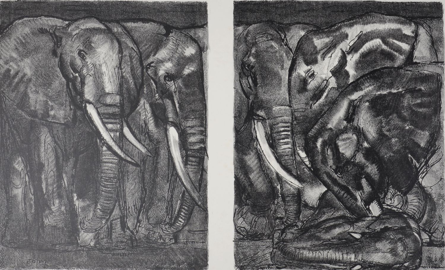 Paul JOUVE Paul Jouvé (1878-1973)

 Elephants, 1934

 Original lithograph on BFK&hellip;