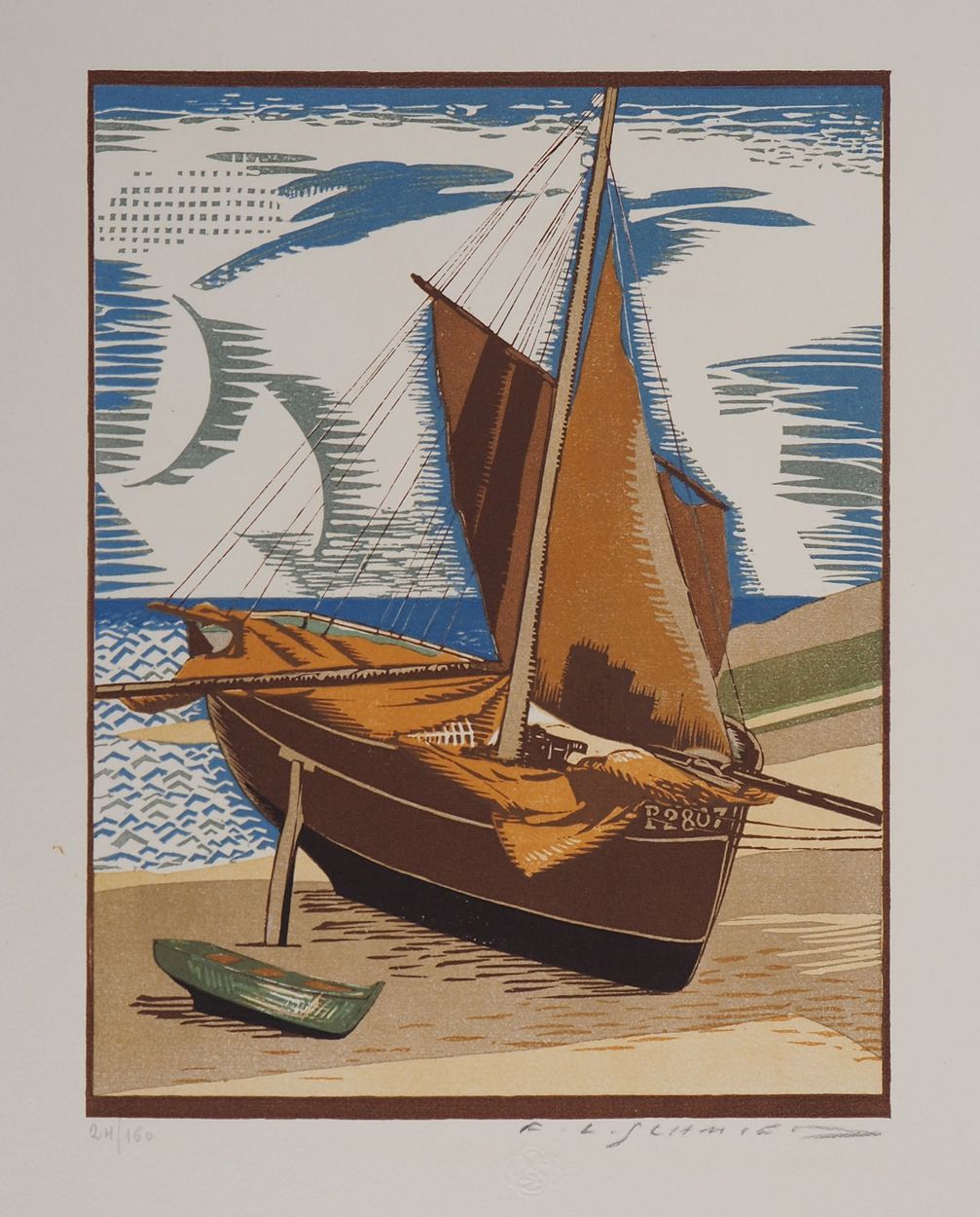 François-Louis Schmied 弗朗索瓦-路易-施密德

布列塔尼，海滩上的船，1924年

原始木刻

用铅笔签名

有编号/160份

牛皮纸&hellip;