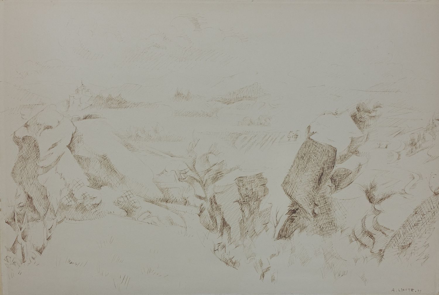 André LHOTE 安德烈-洛特(1885-1962)

普罗旺斯：米尔曼德附近的风景，1939年

棕色墨水原画

右下方有签名

日期(19)39

在&hellip;