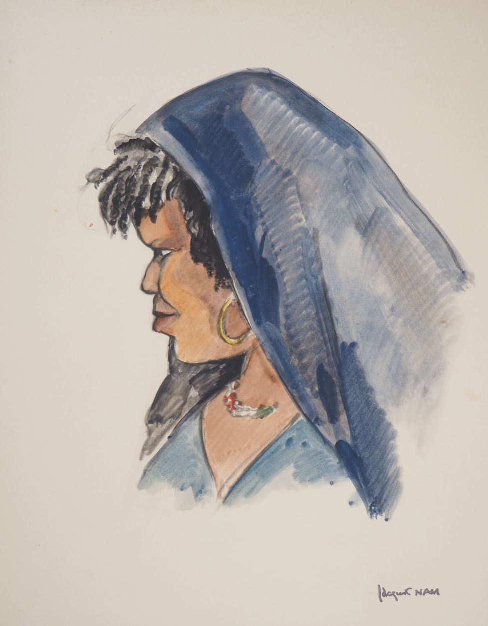 Jacques NAM 雅克-南（Jacques Lehmann）。

披着蓝色披肩的女人，约1930年

铅笔线上的水彩画

右下方有签名

纸上33 x 2&hellip;