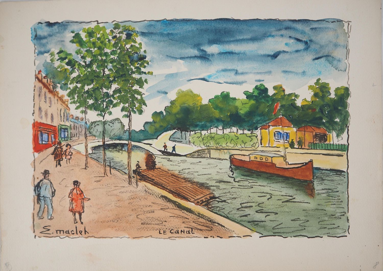 Élisée MACLET Elisée MACLET

巴黎出口处的奥克运河(Canal de l'Ourcq)

牛皮纸上的水彩画

左下方有签名

背面有&hellip;