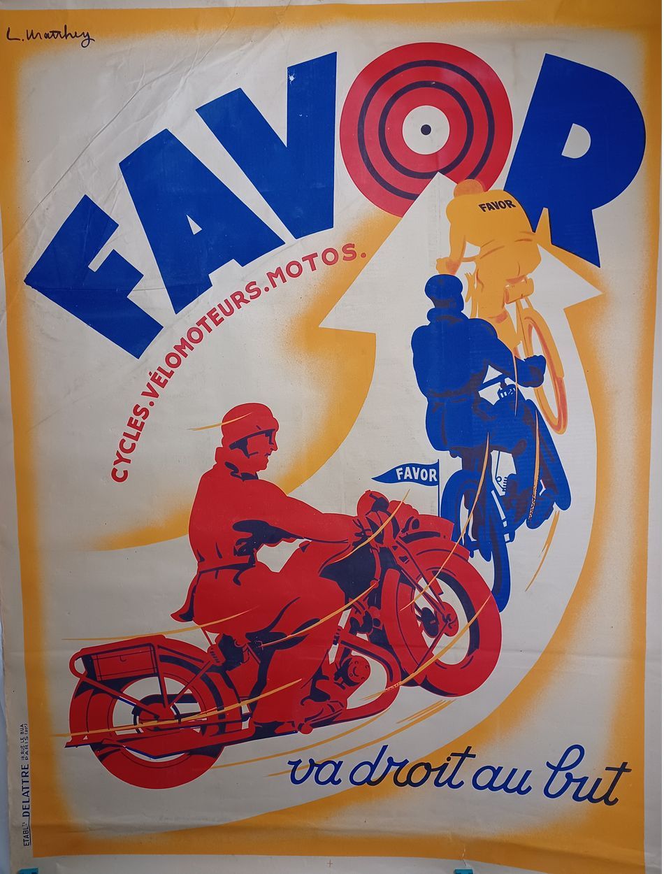 Null MATTHEY, L.

Cycles FAVOR，巴黎，约1920年。

为推广自行车、轻便摩托车和摩托车而制作的海报，由Lionel MATTHE&hellip;